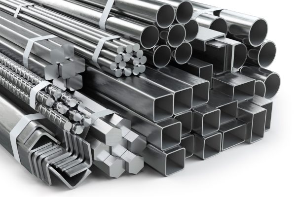 Different metal products. Stainless steel profiles and tubes. 3d illustration