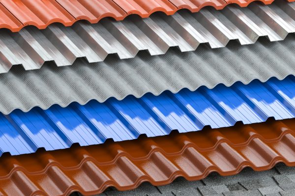 Different types of roof coating. Background from layers of sheet metal  profiles, ceramic tiles, asphalt roofing shingles and gypsum slate. 3d illustration